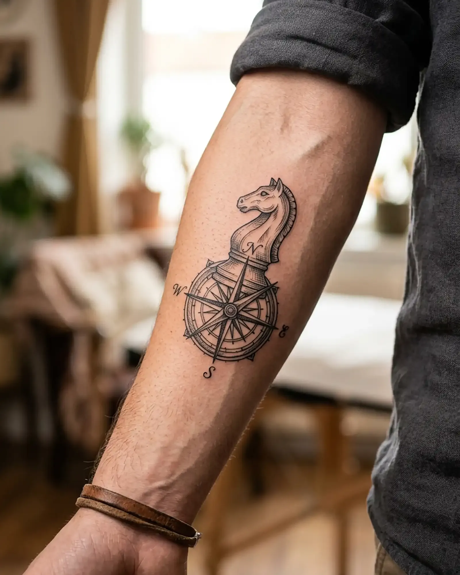 Fine-Line-Tattoo eines Schach-Springers mit Kompass-Motiv auf dem Unterarm
