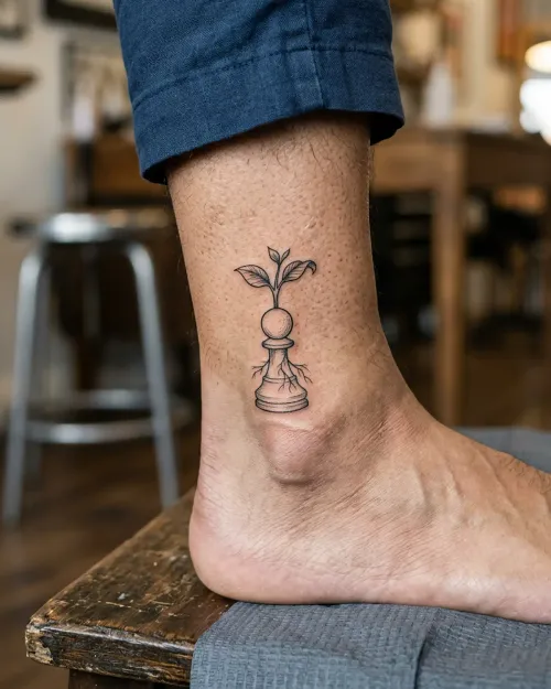 Fine-Line-Tattoo eines Schachbauern mit sprießendem Keimling, fotorealistische Aufnahme