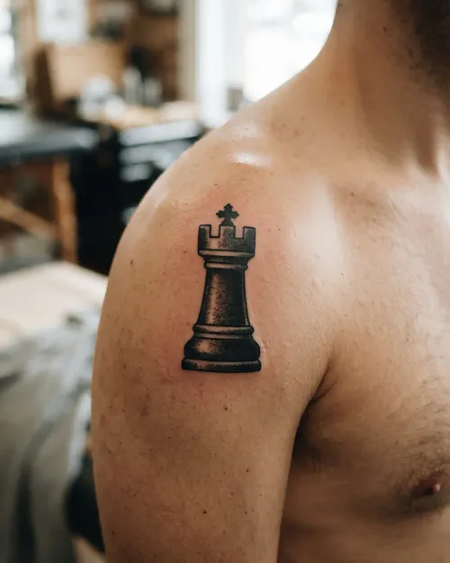 Kunstvolles Dotwork-Tattoo-Design einer Schachdame im Ornat, gestochen scharfe Punkttechnik auf cremefarbenem Papier