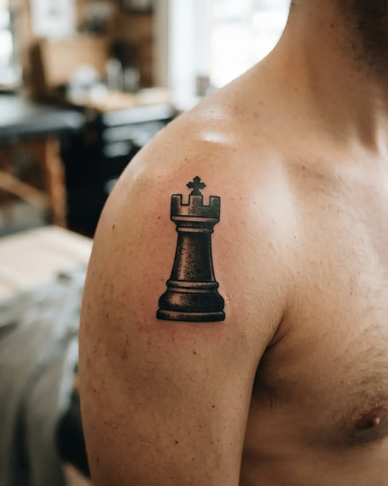 Kunstvolles Dotwork-Tattoo-Design einer Schachdame im Ornat, gestochen scharfe Punkttechnik auf cremefarbenem Papier