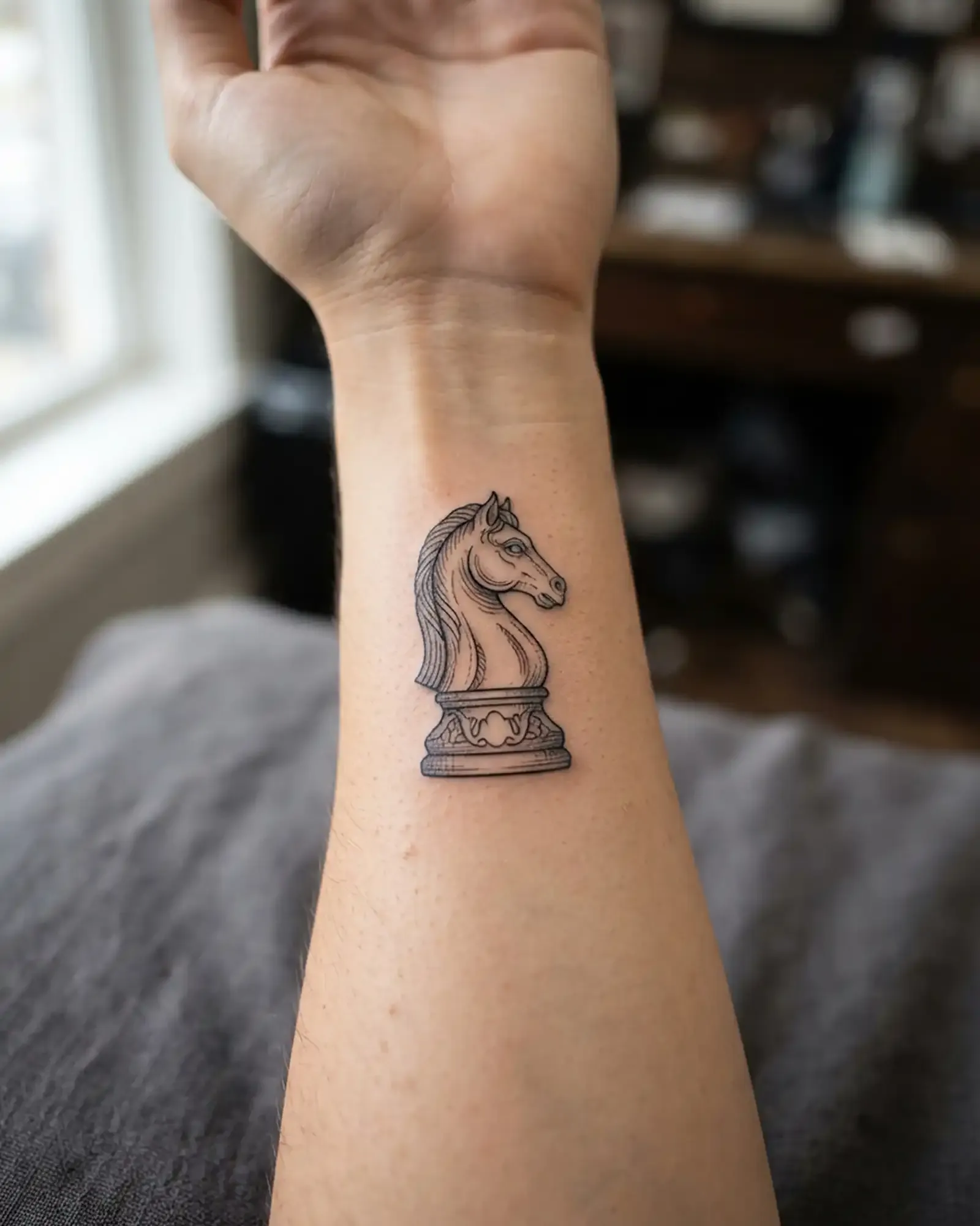 Minimalistisches Fine-Line-Tattoo-Design eines Schach-Springers, Flash-Sheet-Stil auf cremefarbenem Papier