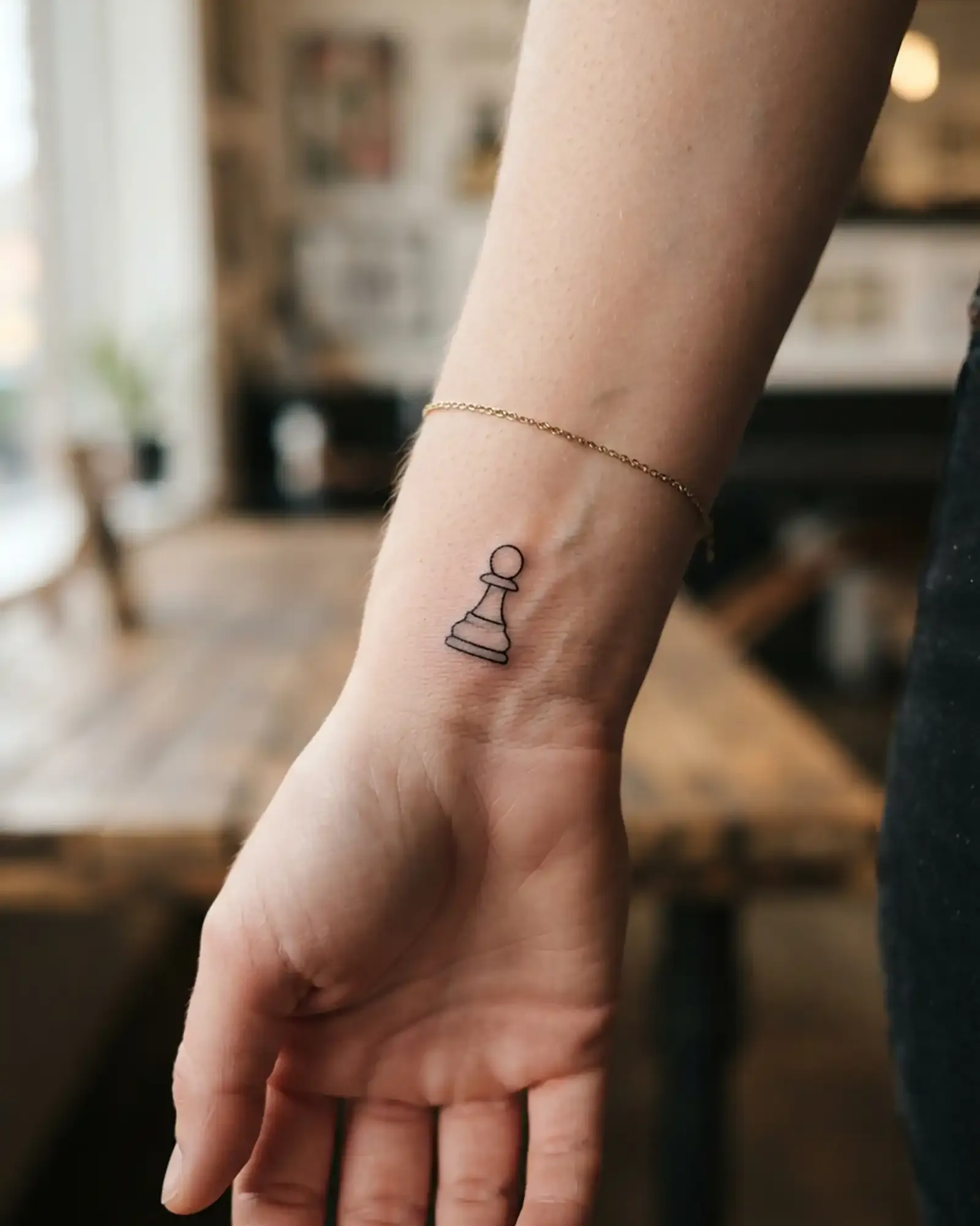 Kleines Fine-Line Schach-Bauer-Tattoo am Handgelenk, fotorealistische Nahaufnahme