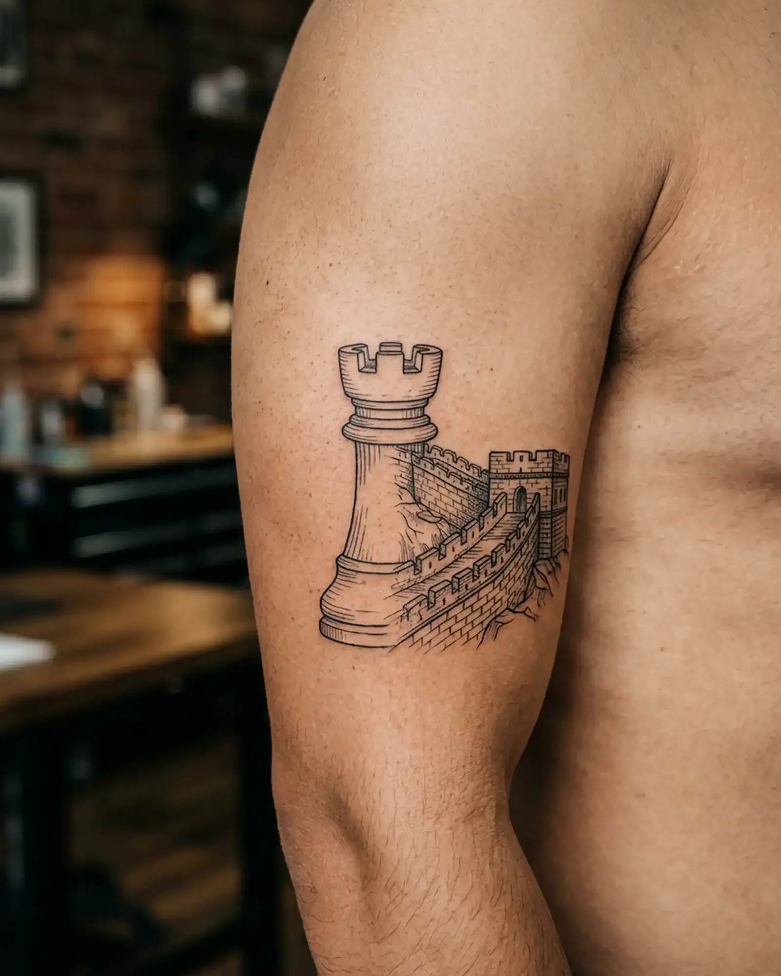 Fine-Line-Tattoo eines Schachturms mit Festungsmauer, fotorealistische Aufnahme