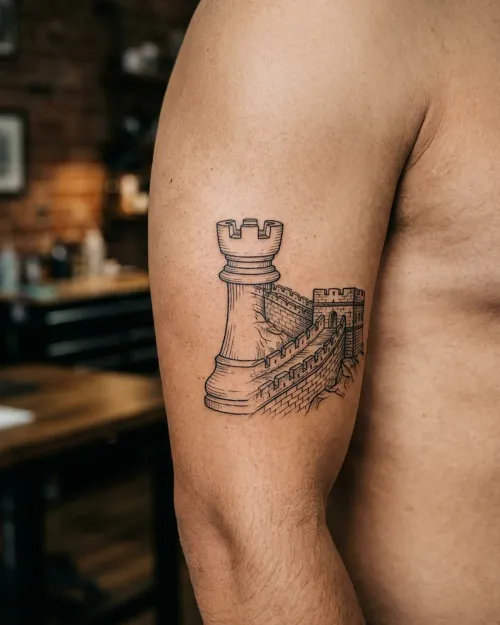 Fine-Line-Tattoo eines Schachturms mit Festungsmauer, fotorealistische Aufnahme