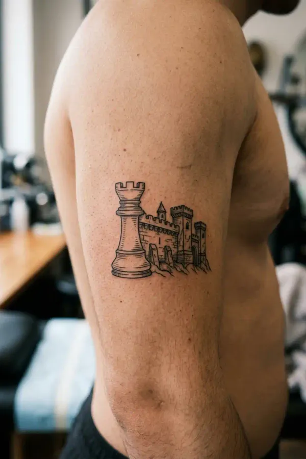 Turm-Tattoo mit Festungsmauer am Oberarm