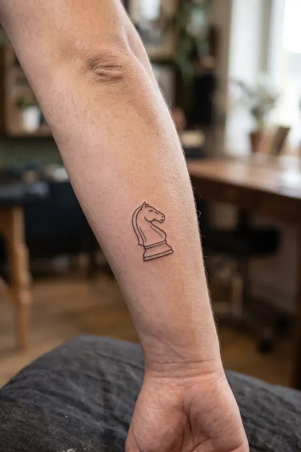 Minimalistisches Schach-Springer-Tattoo am Unterarm, Fine-Line-Stil