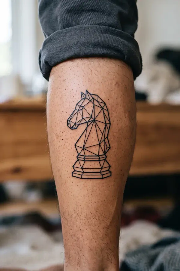 Geometrisches Schach-Springer-Tattoo an der Wade