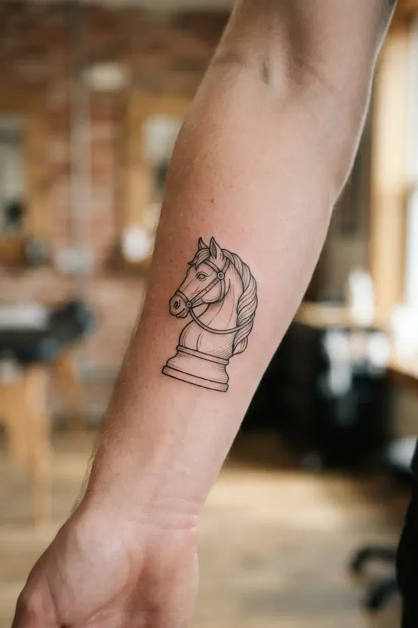 Schach-Tattoo am Unterarm, frontale Nahaufnahme