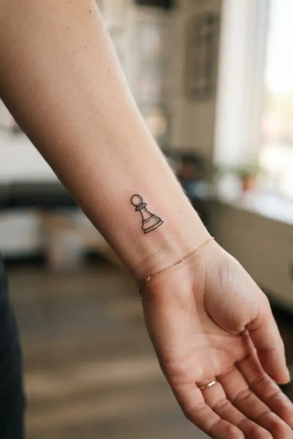 Schach-Tattoo am Handgelenk, frontale Nahaufnahme
