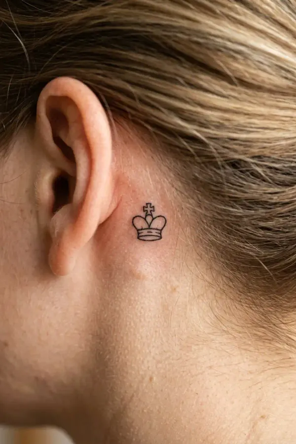 Schach-Tattoo hinter dem Ohr, extreme Nahaufnahme