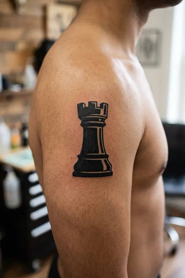 Blackwork Schachturm-Tattoo auf der Schulter