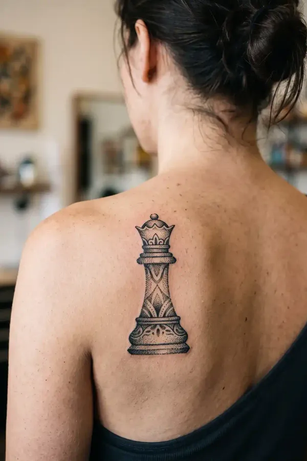 Dotwork Schachdame-Tattoo im Ornat auf dem Schulterblatt