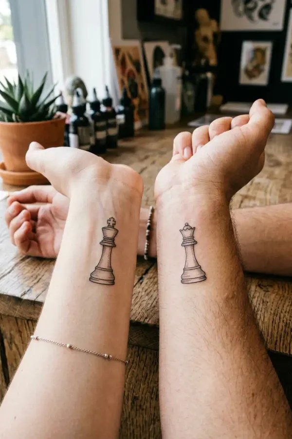 König und Dame Tattoo an zwei Handgelenken nebeneinander