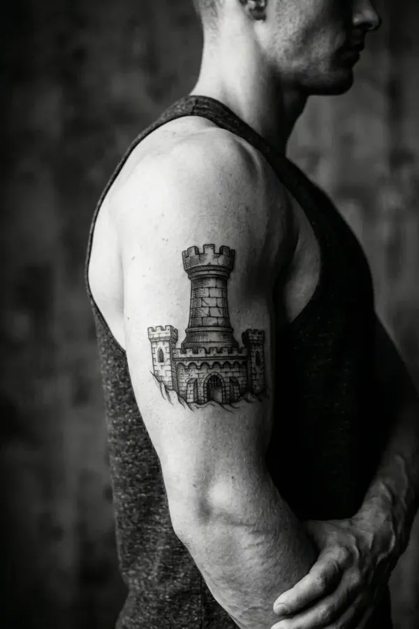 Schwarz-Weiß-Editorial-Aufnahme eines Turm-Tattoos