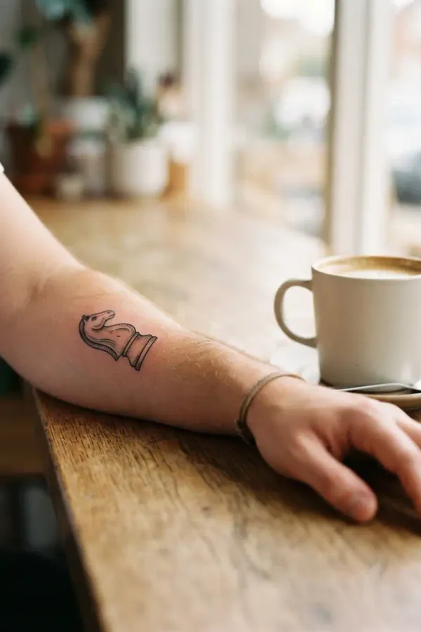 Schach-Tattoo am Unterarm, Lifestyle-Aufnahme mit Kaffeetasse