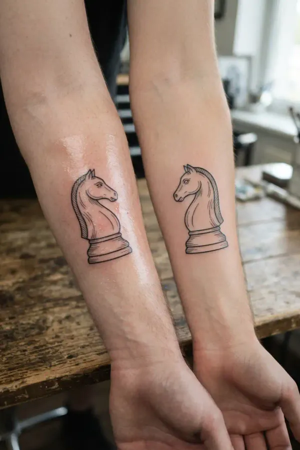 Schach-Tattoo am Unterarm, frisch gestochen vs. abgeheilt