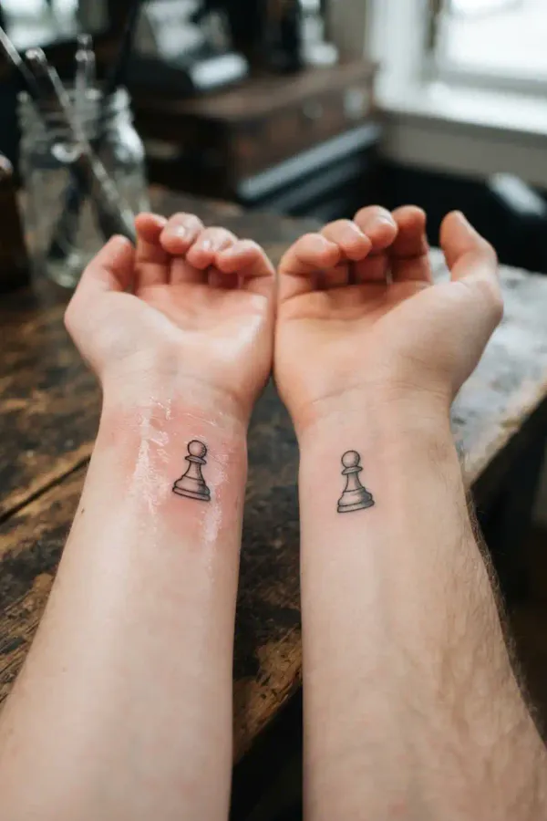 Schach-Tattoo am Handgelenk, frisch vs. abgeheilt