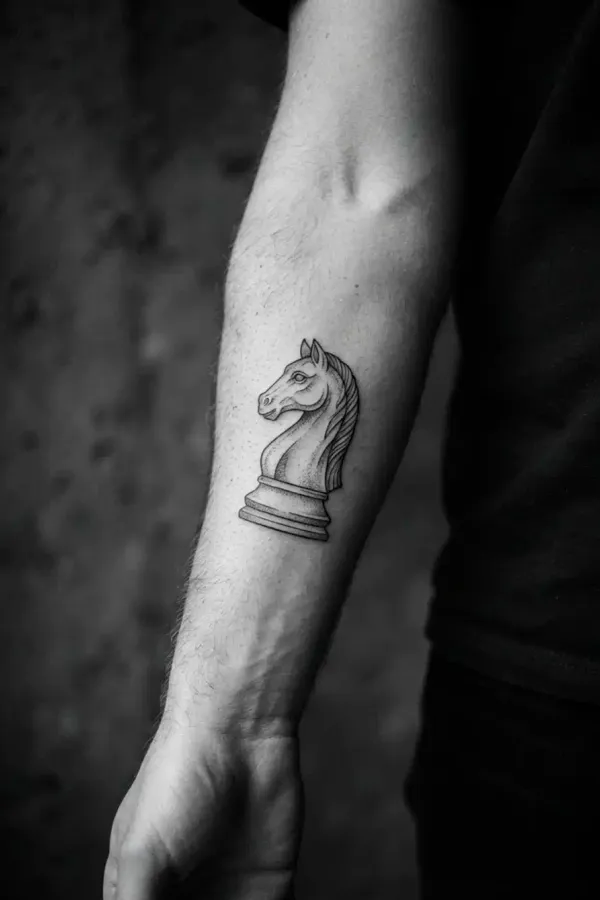 Schwarz-Weiß-Editorial-Aufnahme eines Schach-Tattoos am Unterarm