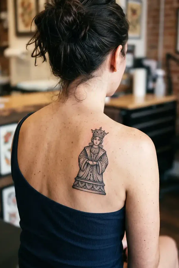 Dotwork Schachdame-Tattoo auf dem oberen Rücken aus einem anderen Blickwinkel