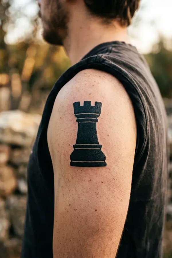 Blackwork Schachturm-Tattoo auf der Schulter aus einem anderen Blickwinkel