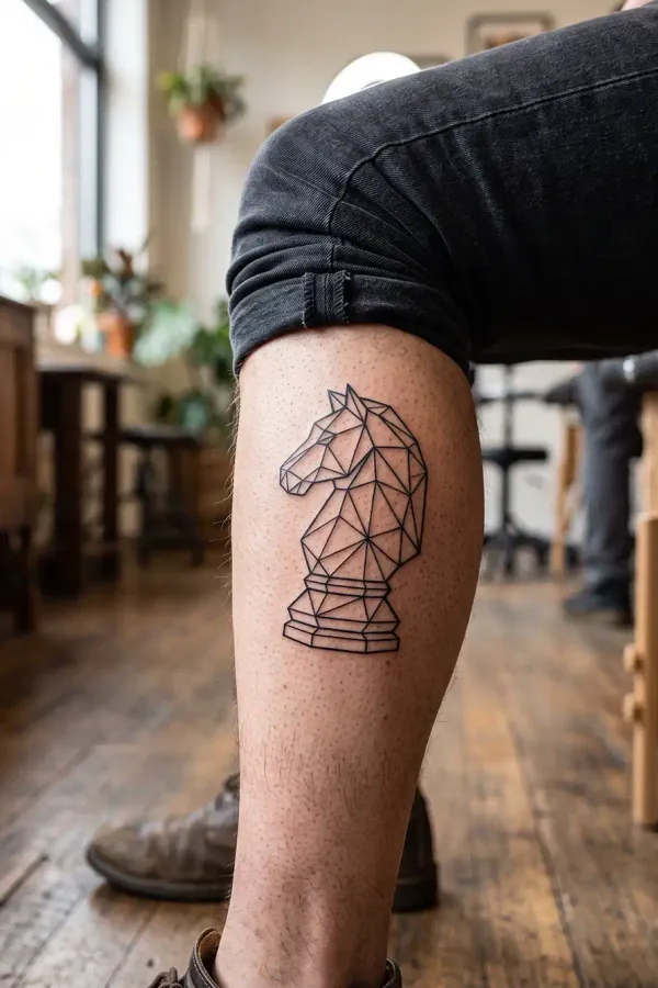 Geometrisches Springer-Tattoo an der Wade aus einem anderen Blickwinkel