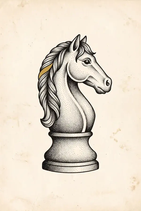 Dotwork-Tattoo-Design eines klassischen Schach-Springers als Flash-Sheet-Illustration
