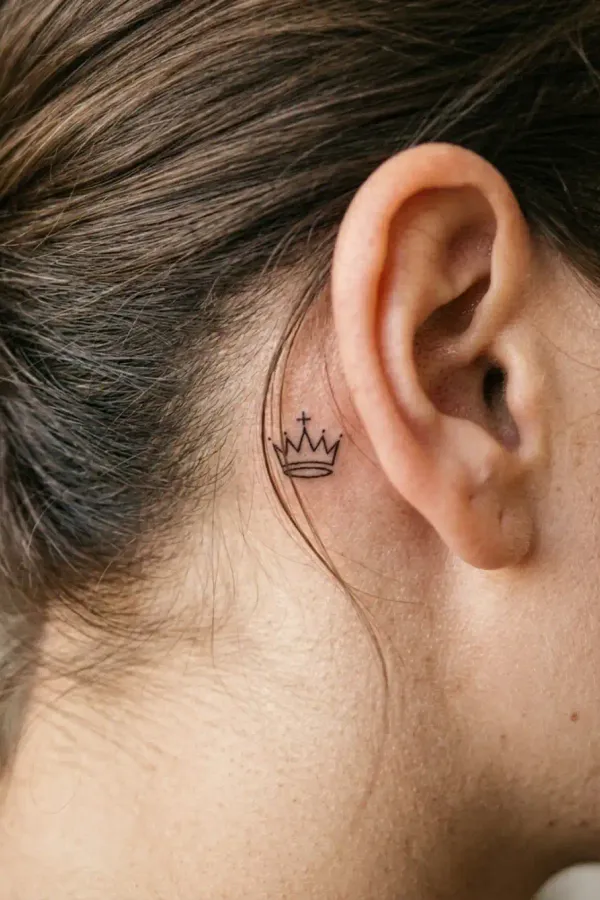 Schach-Tattoo hinter dem Ohr, teilweise von Haaren verdeckt