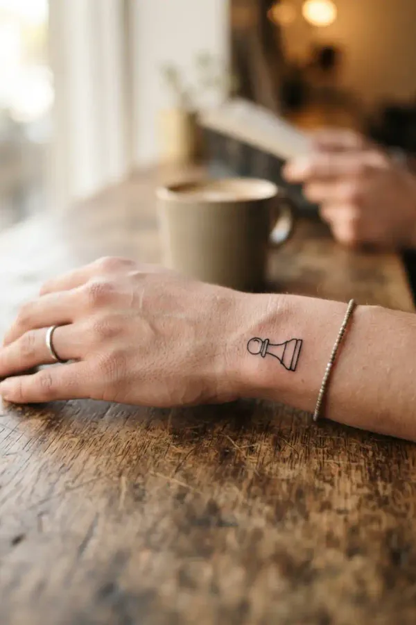 Schach-Tattoo am Handgelenk, Hand ruht auf einem Tisch