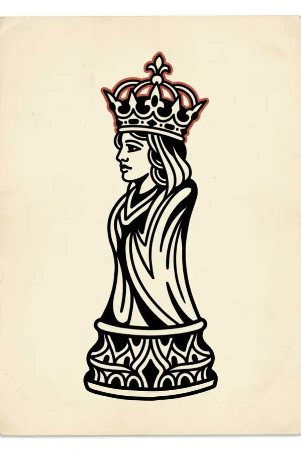Blackwork Schachdame-Tattoo im Portrait-Stil, Flash-Sheet-Design