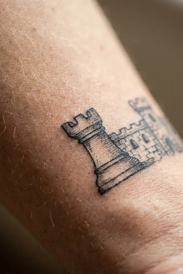 Makroaufnahme der Zinnen eines Turm-Tattoos