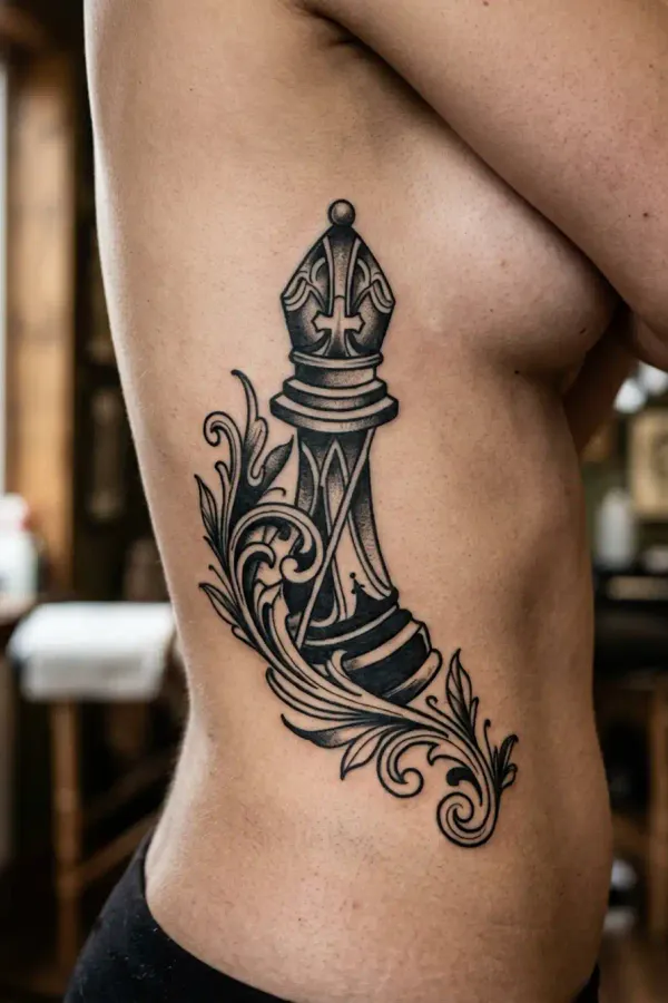 Schach-Tattoo an den Rippen bei natürlichem Licht