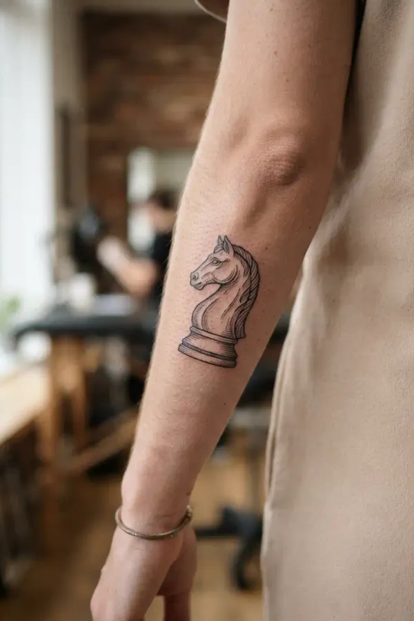 Schach-Tattoo am entspannten Unterarm seitlich am Körper