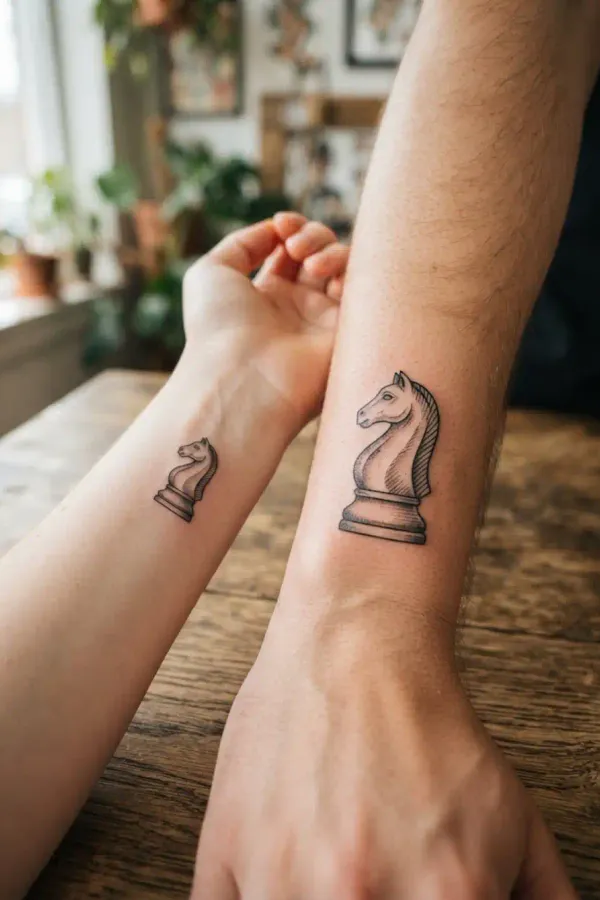 Größenvergleich zweier Schach-Tattoos am Unterarm