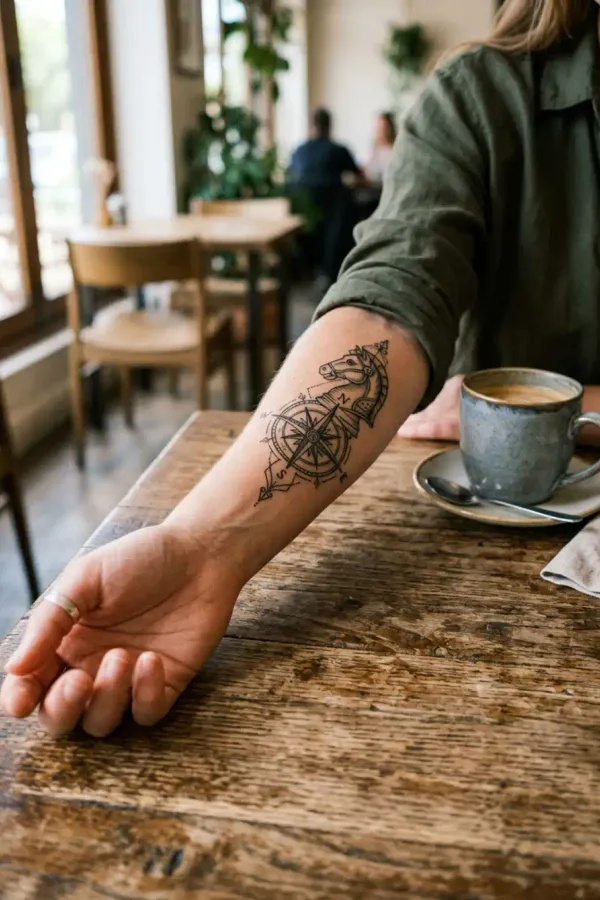 Springer-Tattoo am Unterarm, entspannte Lifestyle-Aufnahme
