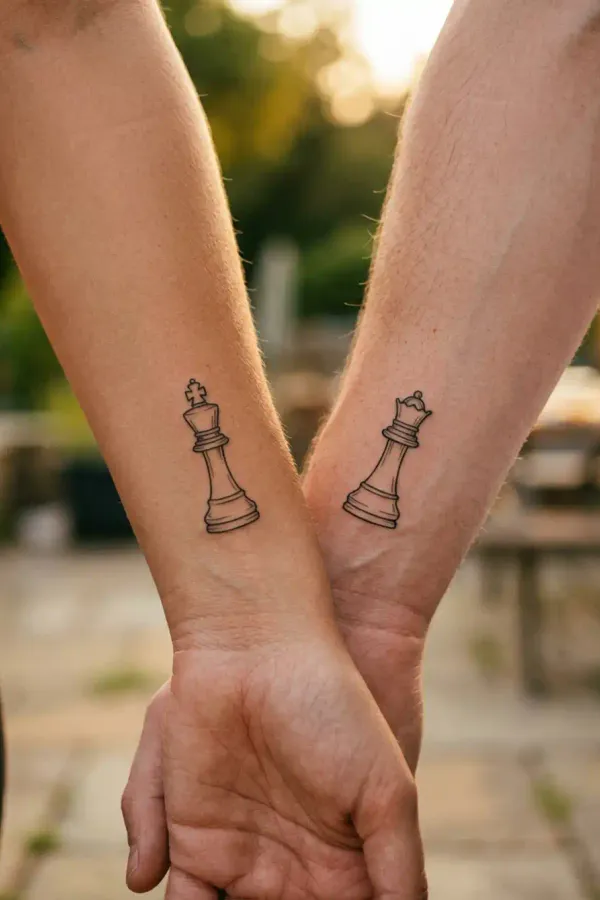 König und Dame Tattoo bei goldenem Abendlicht