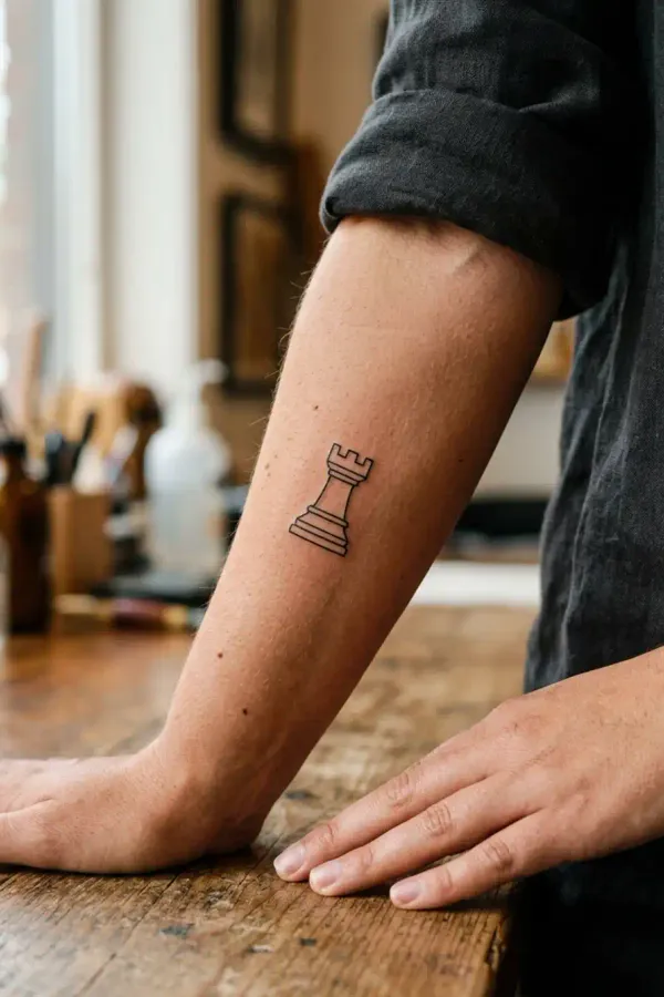 Fine-Line Turm-Tattoo am Unterarm