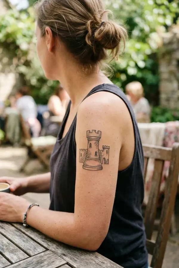 Turm-Tattoo, Lifestyle-Aufnahme am Oberarm