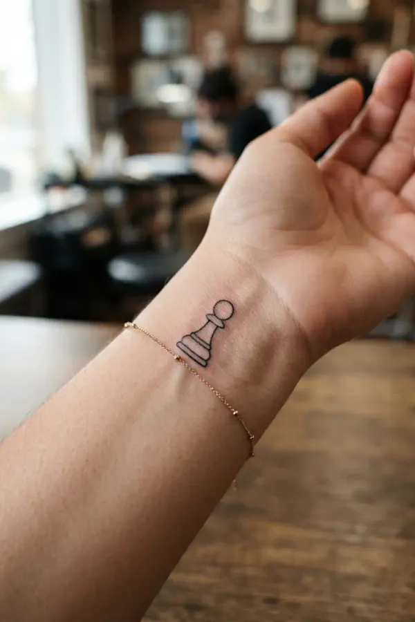 Schach-Tattoo am Handgelenk unter einem Armband