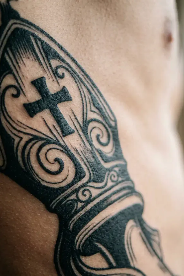 Makroaufnahme der Linienführung eines Rippen-Tattoos