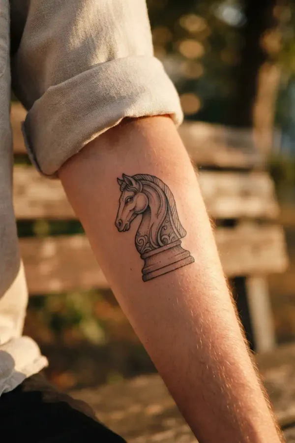 Schach-Tattoo am Unterarm bei goldenem Abendlicht