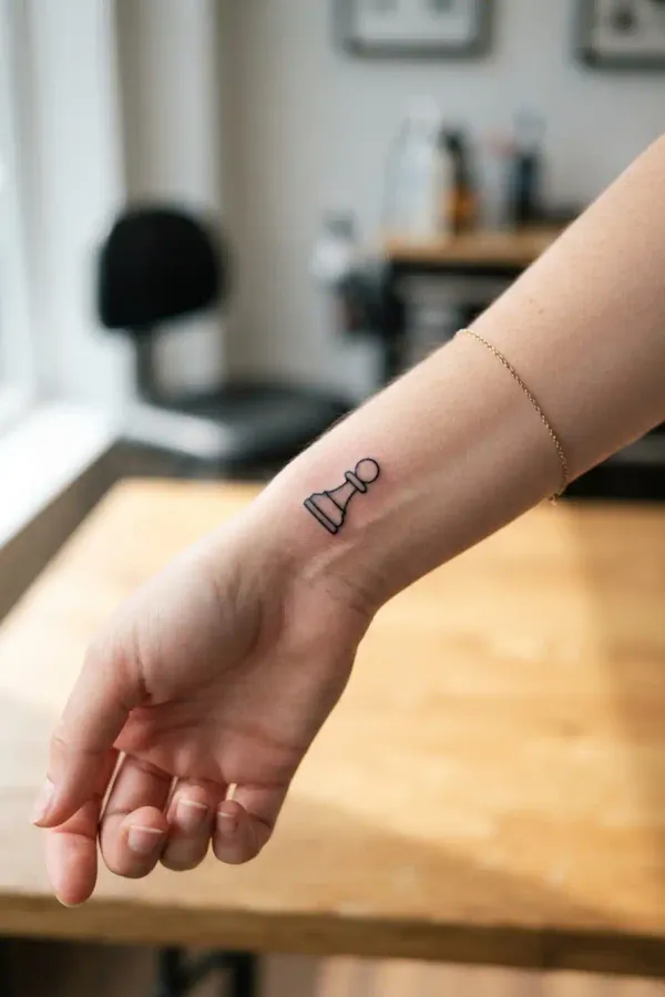 Schach-Tattoo am Handgelenk bei natürlichem Fensterlicht