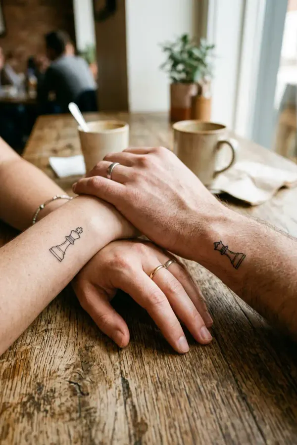 König und Dame Tattoo, Lifestyle-Aufnahme zweier Hände