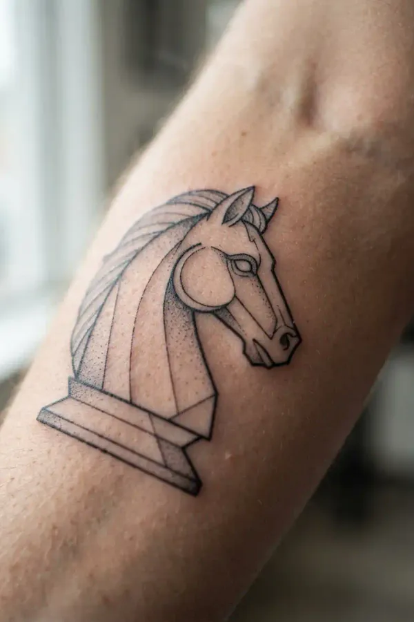 Makroaufnahme der Hauttextur eines Schach-Tattoos am Unterarm