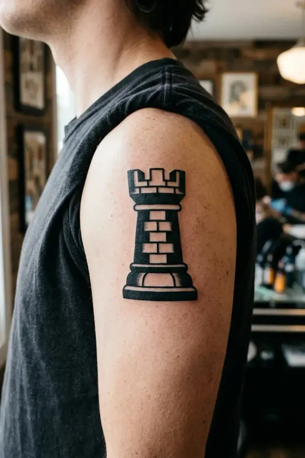 Turm-Tattoo in Blackwork an der Schulter